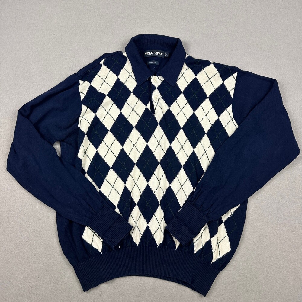 Vintage Polo Golf Ralph Lauren Sweater Men Large Blue Argyle Knit Cotton L